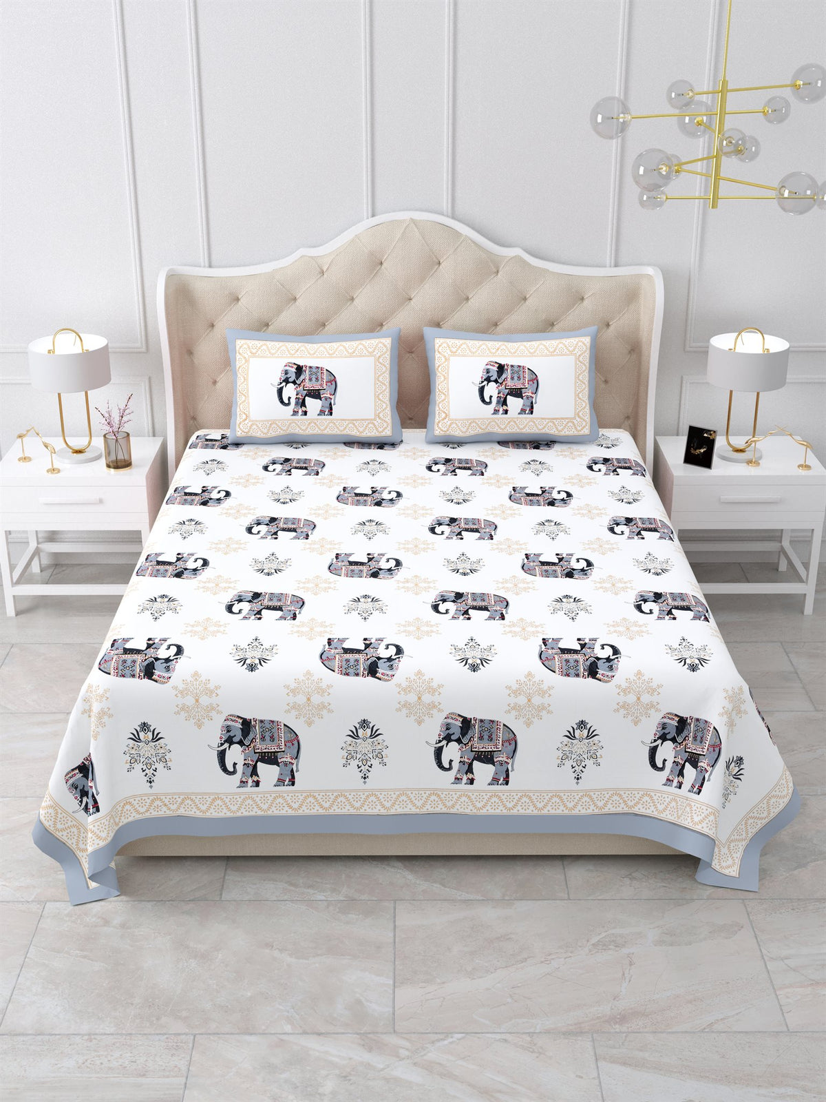 Front view of Castile India grey & beige elephant print super king size bedsheet 108x108 with 2 pillow covers