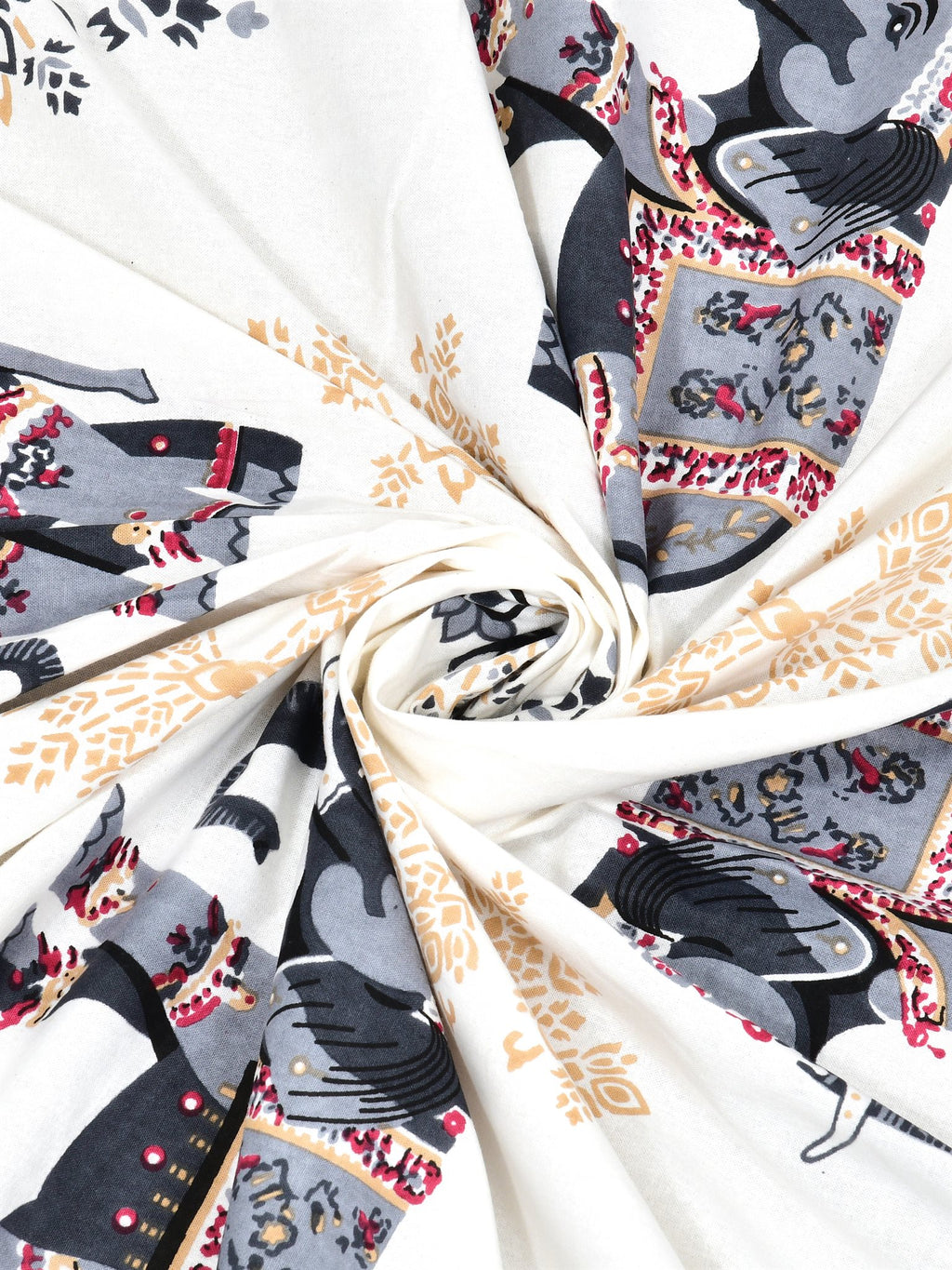 Swirled fabric close-up of grey & beige elephant motifs on white