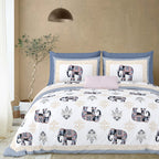 Styled bedroom view of the grey & beige elephant print bedsheet with pillow covers
