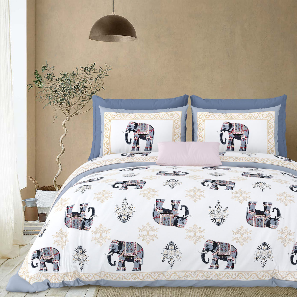 Styled bedroom view of the grey & beige elephant print bedsheet with pillow covers