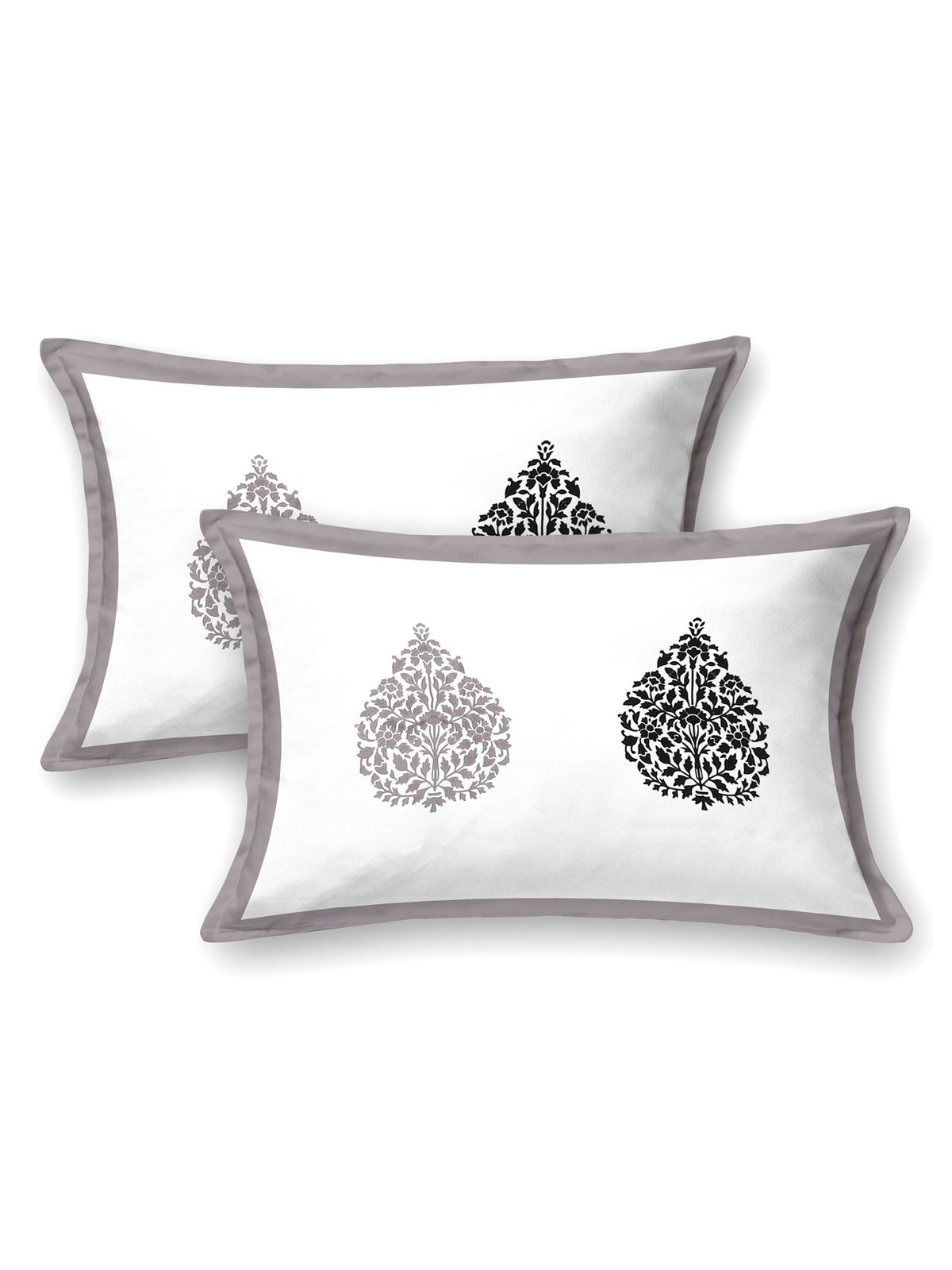 Two white pillow covers with a grey frame and grey & black damask buta motifs