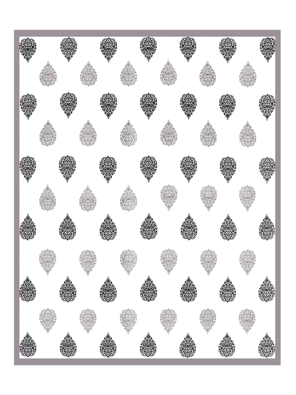 Full flat view of Castile India grey & black damask buta super king bedsheet 108x108 with grey border