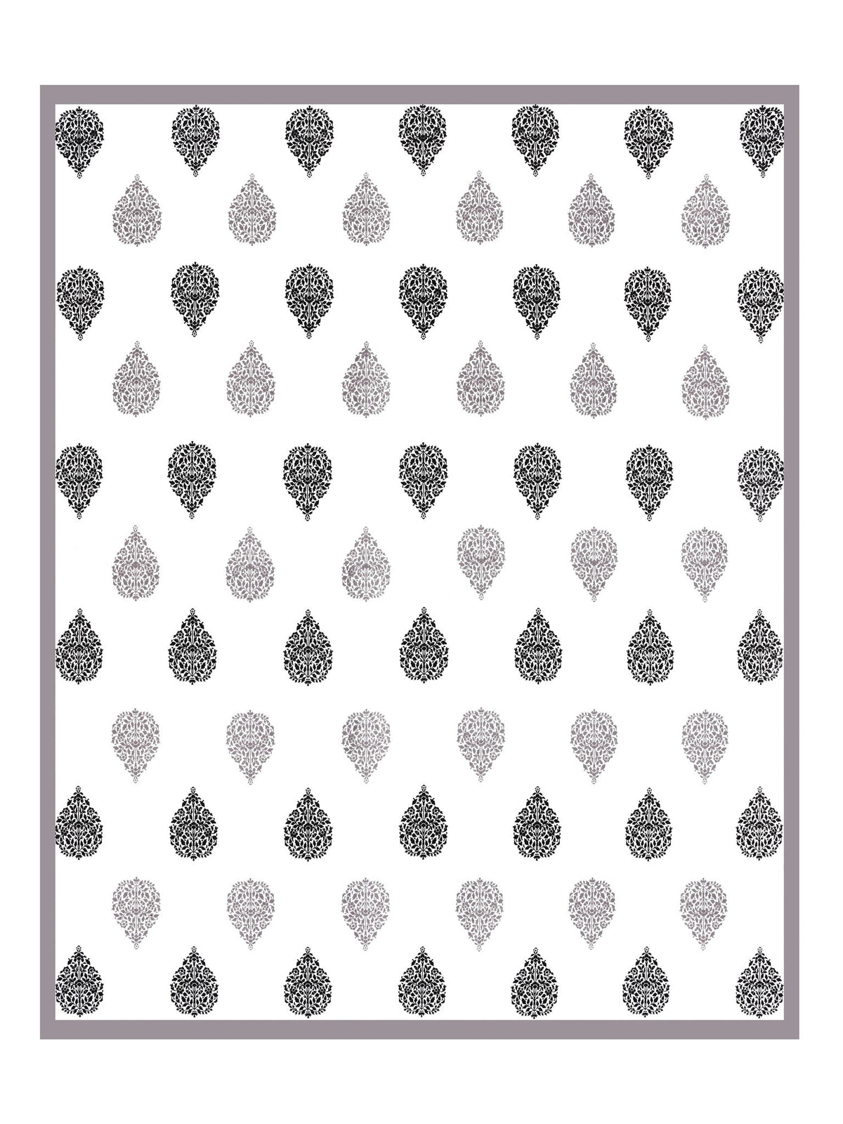 Full flat view of Castile India grey & black damask buta super king bedsheet 108x108 with grey border