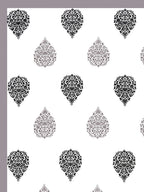 Close-up of large grey & black damask butas on a white base with grey border