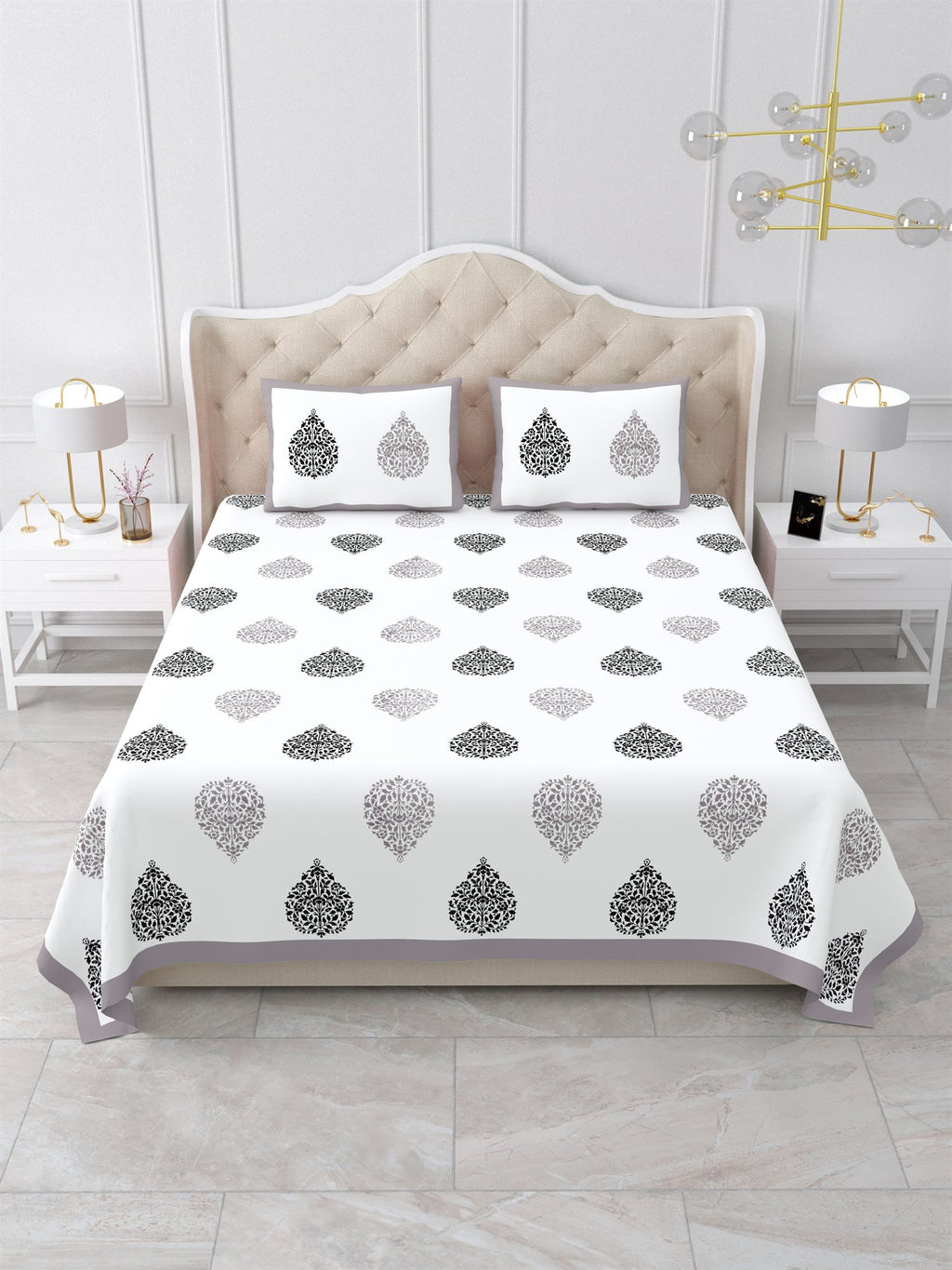 Front view of Castile India grey & black damask buta super king size bedsheet 108x108 with 2 pillow covers