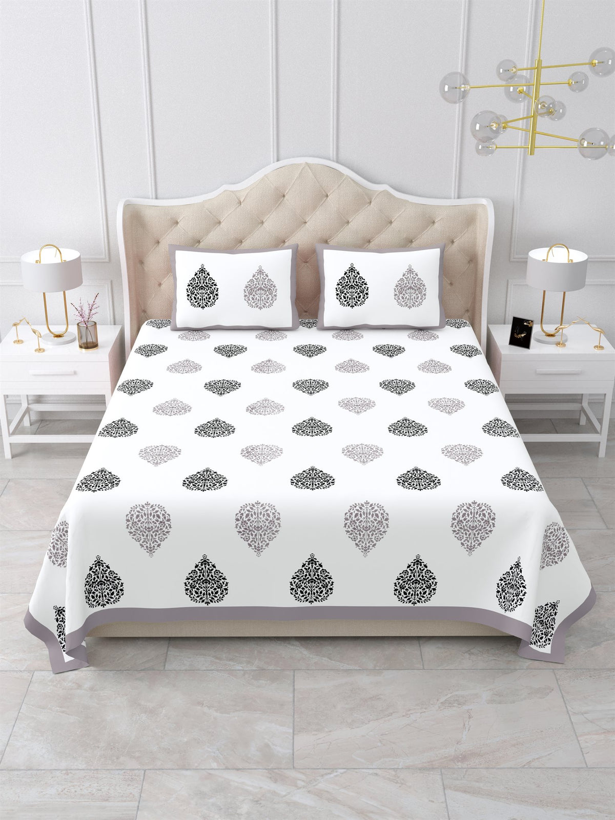 Front view of Castile India grey & black damask buta super king size bedsheet 108x108 with 2 pillow covers