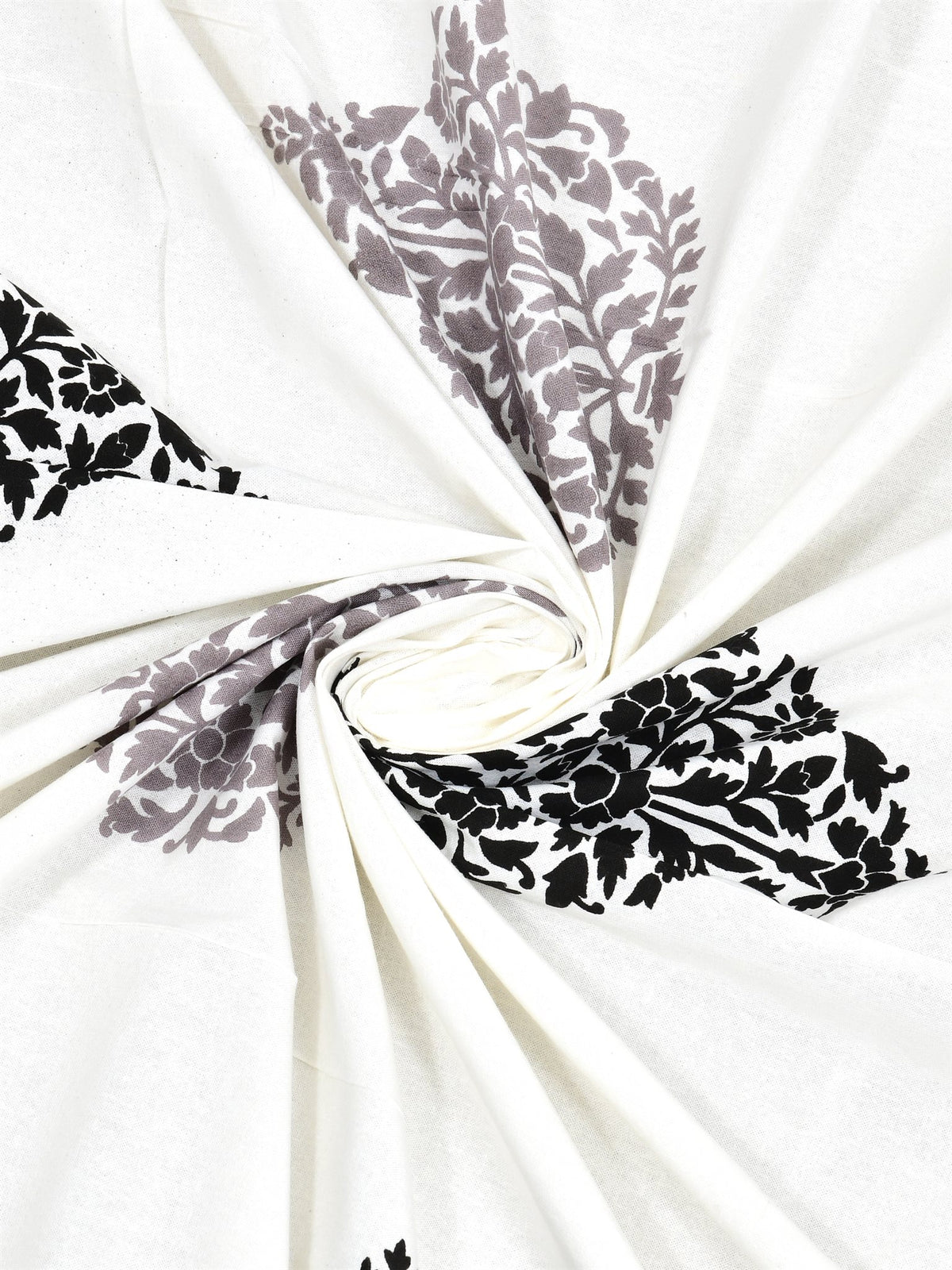 Swirled fabric close-up of grey & black damask buta print on white