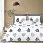 Styled bedroom view of the grey & black damask buta bedsheet with pillow covers
