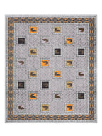Full flat view of the grey peacock motif bedsheet with orange, mustard and black patches and border