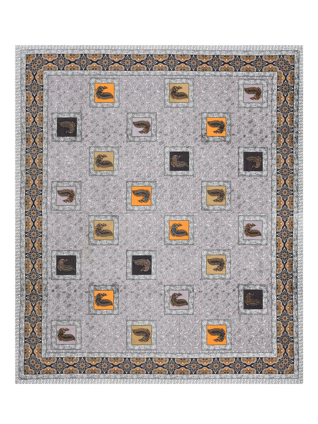 Full flat view of the grey peacock motif bedsheet with orange, mustard and black patches and border