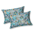 Two grey pillow covers with turquoise and mustard Jacobean florals and a thin teal border line