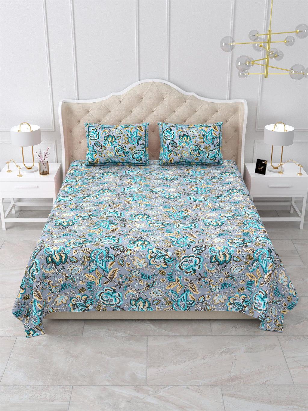 Front view of Castile India grey and teal Jacobean floral bedsheet 90x108 on a bed with 2 pillow covers