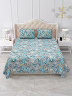 Front view of Castile India grey and teal Jacobean floral bedsheet 90x108 on a bed with 2 pillow covers