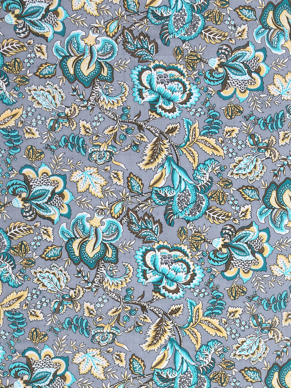 Close-up of large turquoise, teal and mustard Jacobean-style flowers on a cool grey base