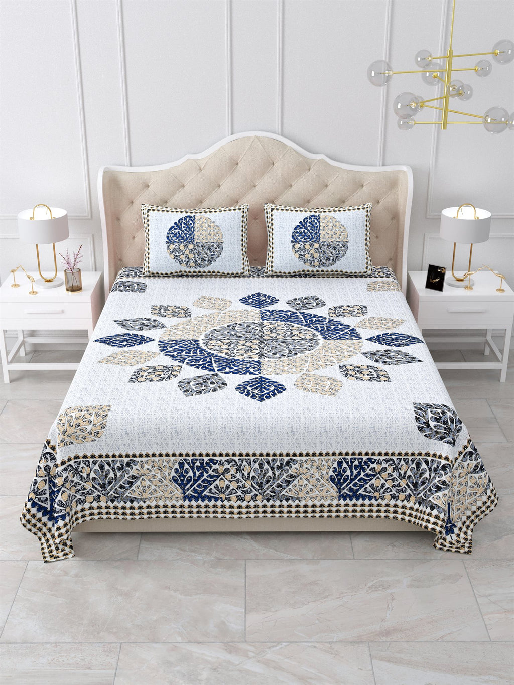 Front view of Castile India indigo and beige leaf mandala bedsheet 90x108 on a bed with 2 pillow covers