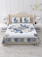 Front view of Castile India indigo and beige leaf mandala bedsheet 90x108 on a bed with 2 pillow covers