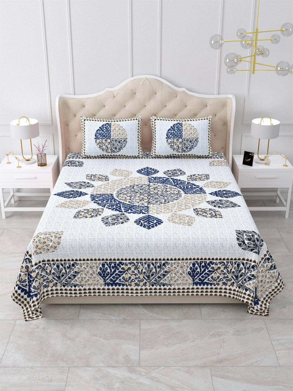 Front view of Castile India indigo and beige leaf mandala bedsheet 90x108 on a bed with 2 pillow covers