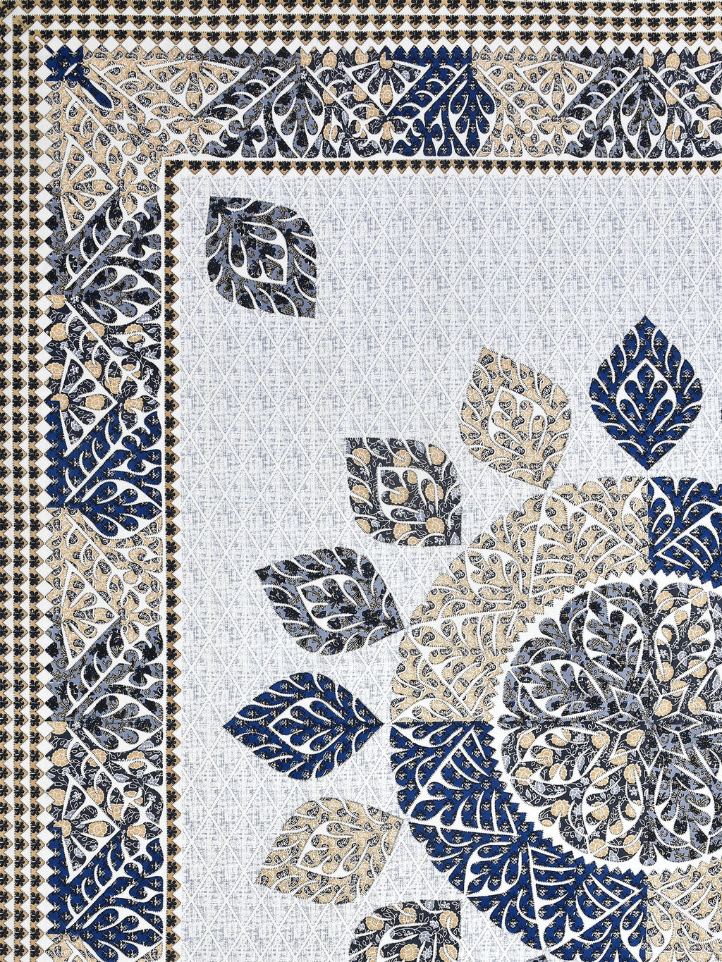 Flat corner close-up of the leaf mandala and indigo leaf border on a white lattice base