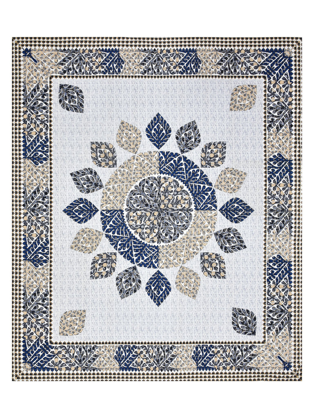 Full flat view of the indigo and beige leaf mandala bedsheet with leaf-motif border