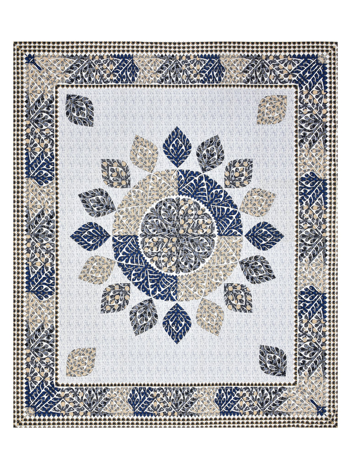 Full flat view of the indigo and beige leaf mandala bedsheet with leaf-motif border