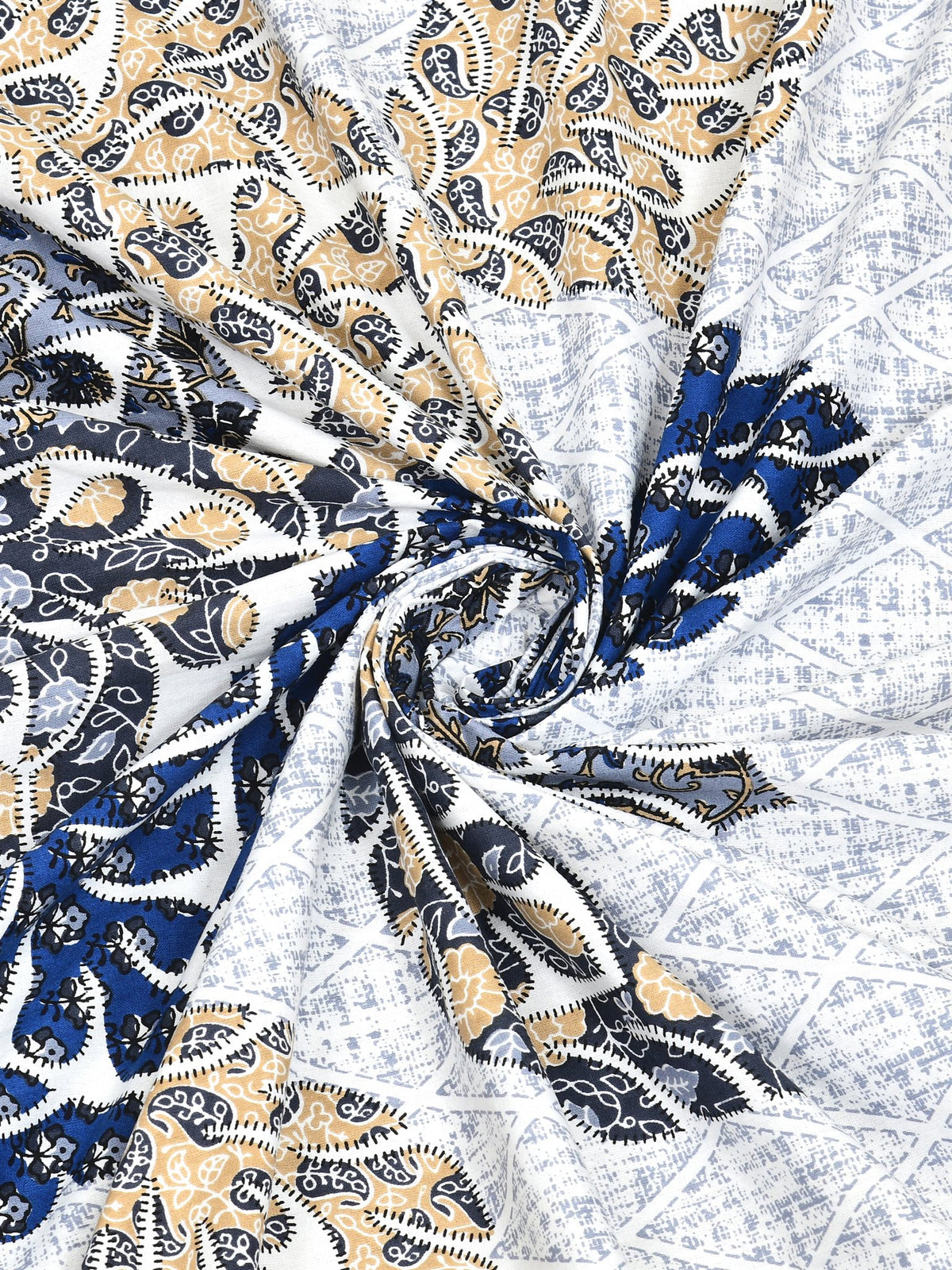 Swirled fabric close-up of indigo, beige and grey leaf motifs on a white lattice-textured base