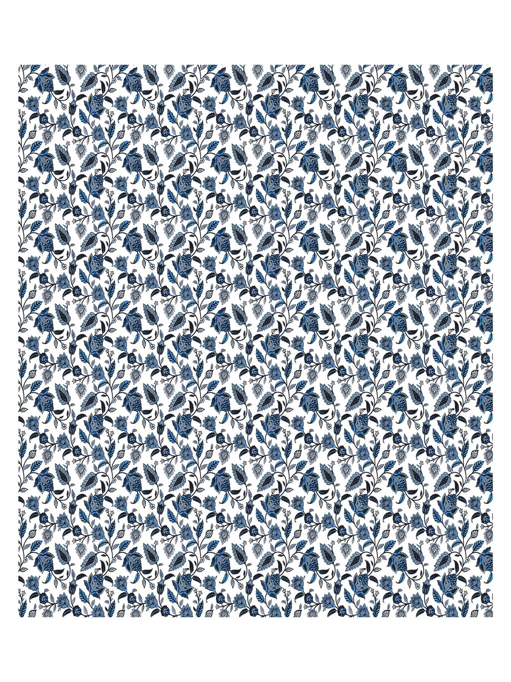 Full flat view of Castile India indigo blue and white floral vine bedsheet 90x108