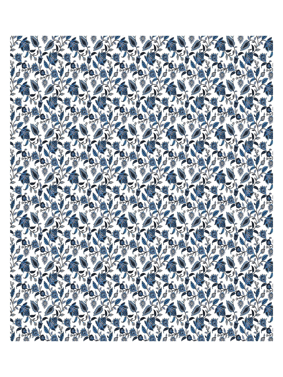 Full flat view of Castile India indigo blue and white floral vine bedsheet 90x108