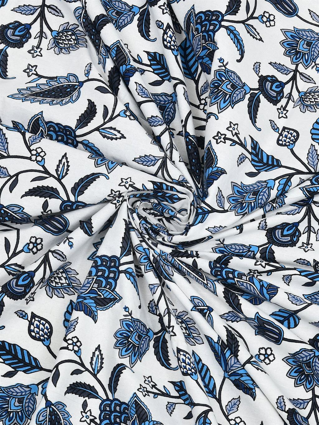 Swirled fabric close-up of indigo, navy and blue floral vines on a white base