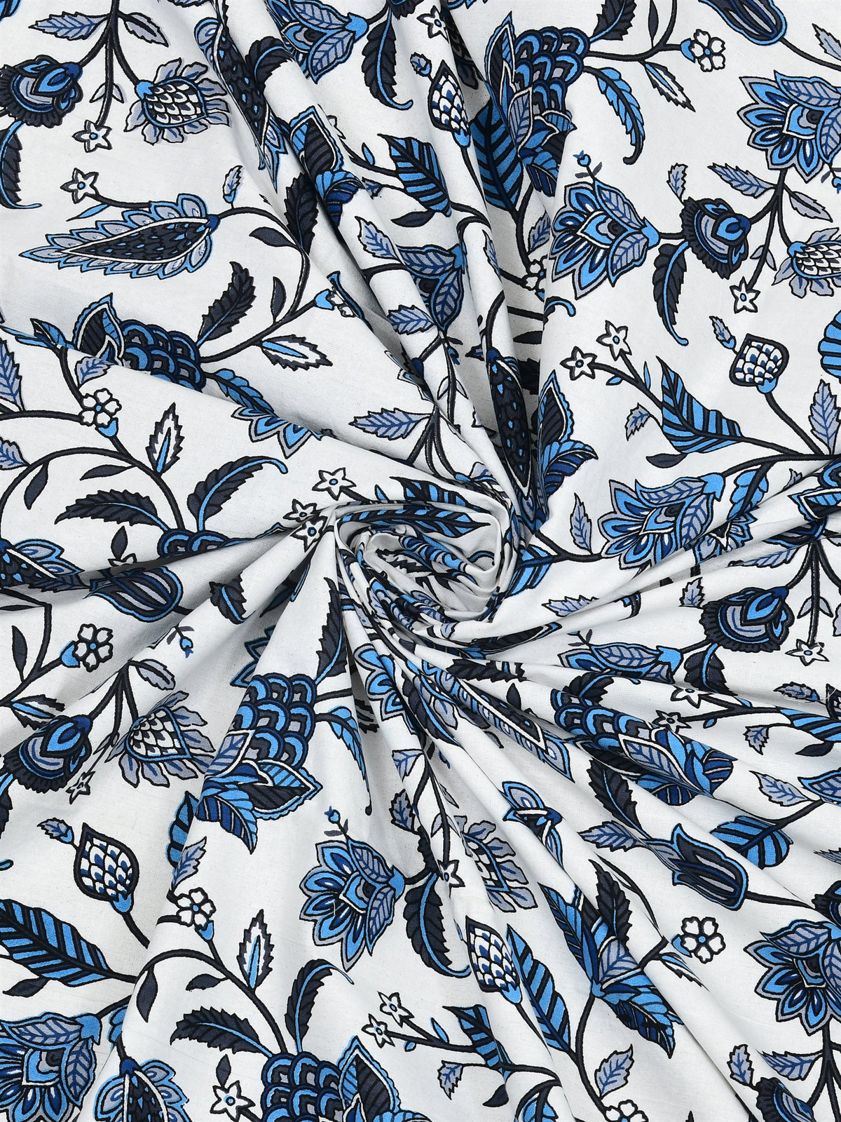 Swirled fabric close-up of indigo, navy and blue floral vines on a white base