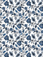 Close-up of the trailing indigo and navy floral vine pattern on white