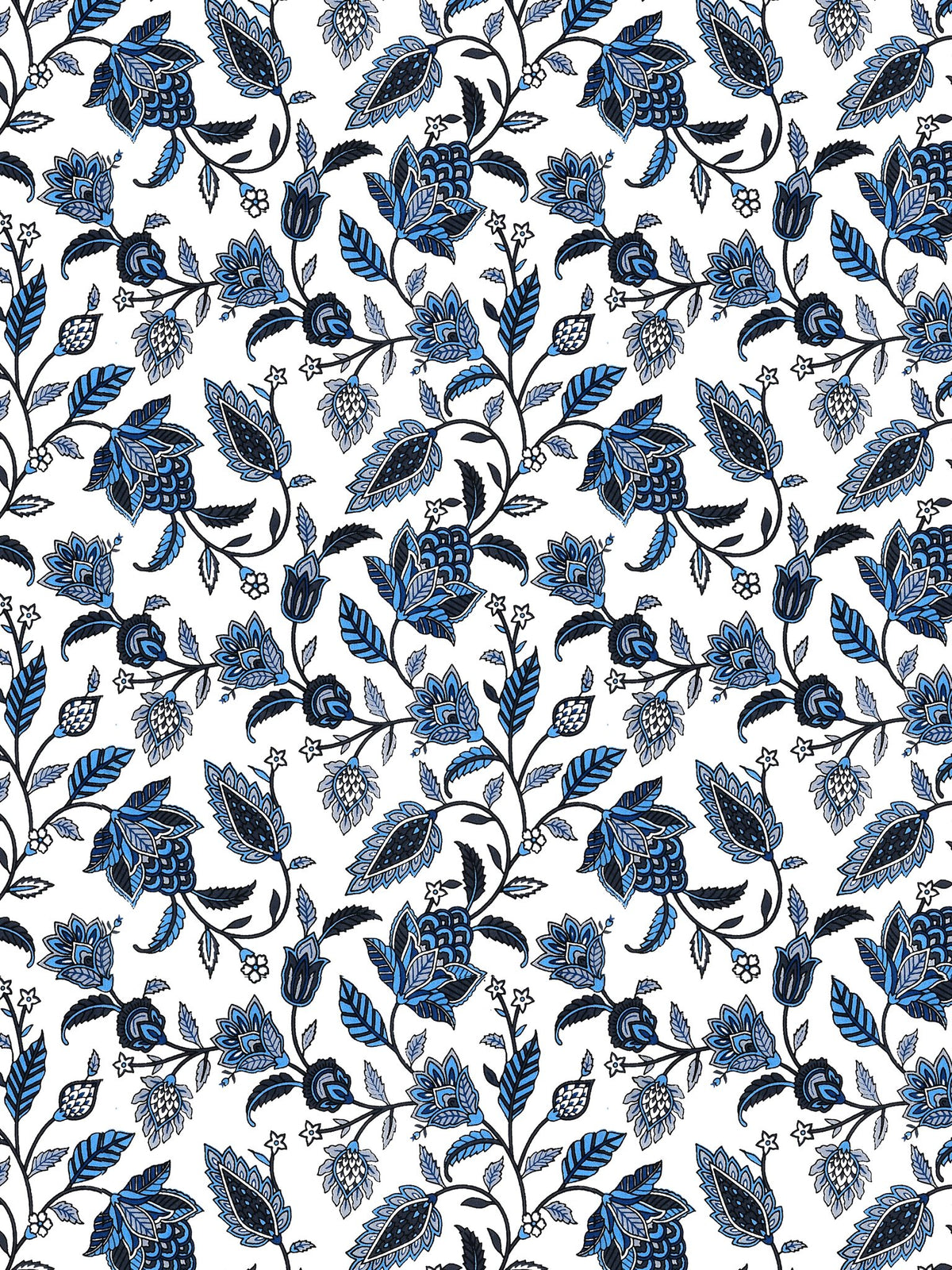 Close-up of the trailing indigo and navy floral vine pattern on white