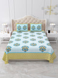 Front view of Castile India green border bouquet buta bedsheet 90x108 on a bed with matching pillow covers