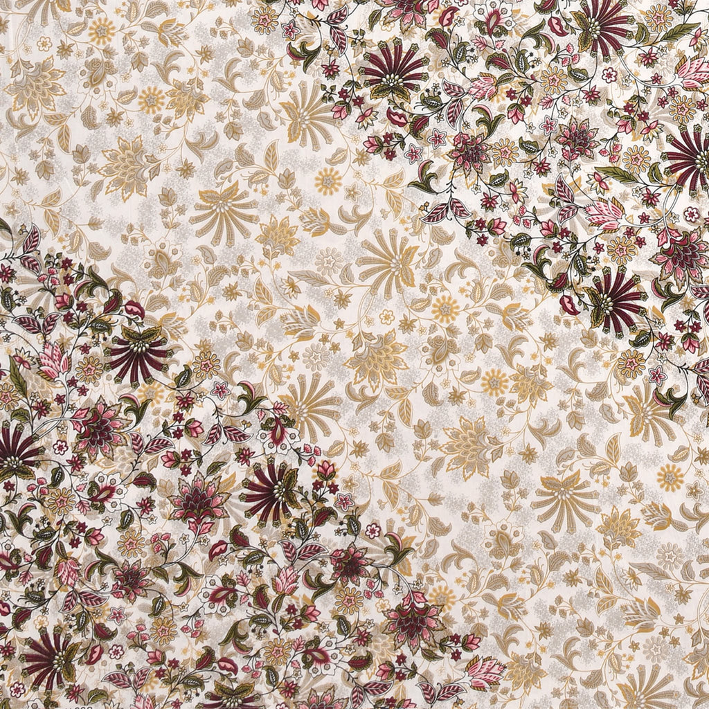 Close-up of maroon and rose-pink flowers meeting soft gold florals on an ivory base