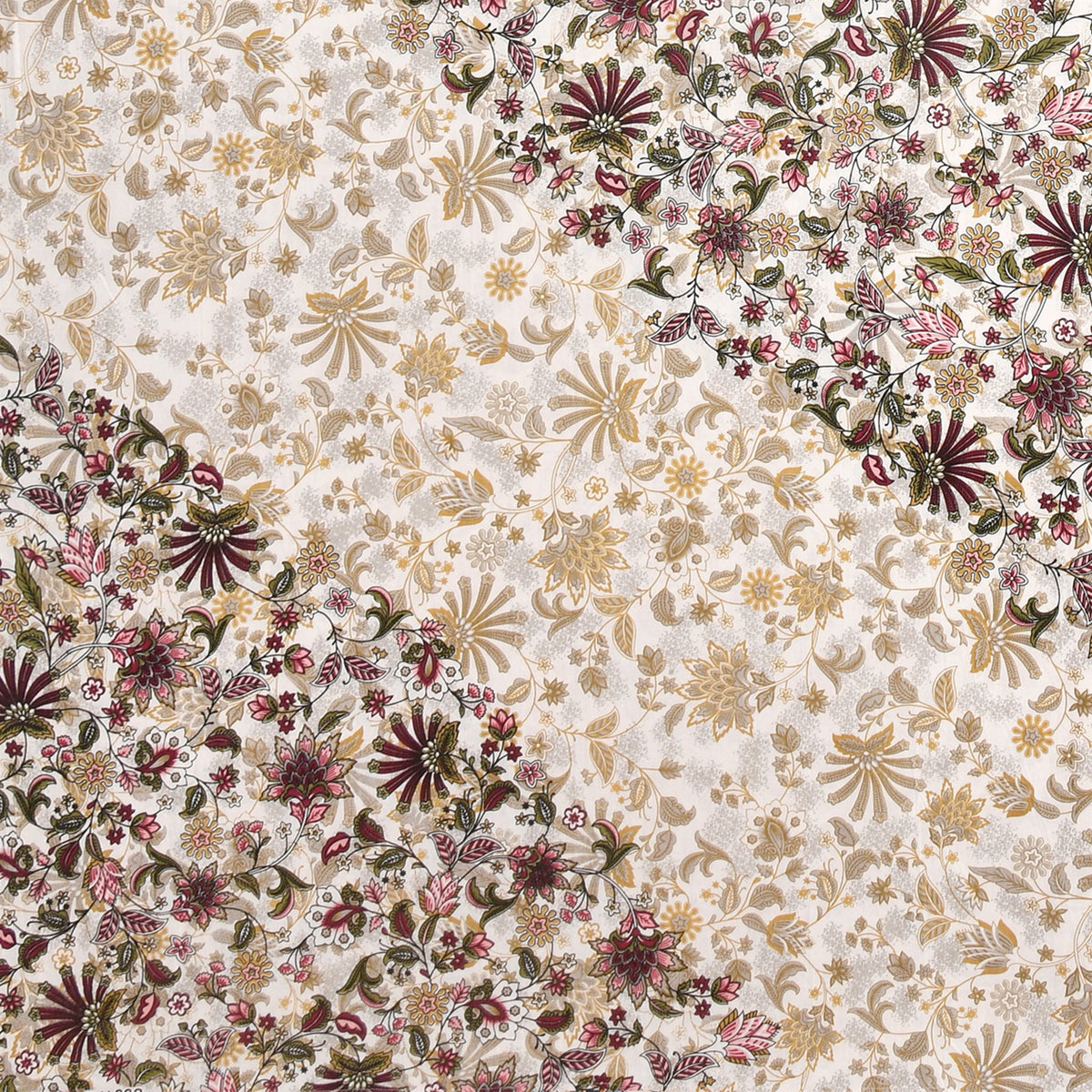 Close-up of maroon and rose-pink flowers meeting soft gold florals on an ivory base