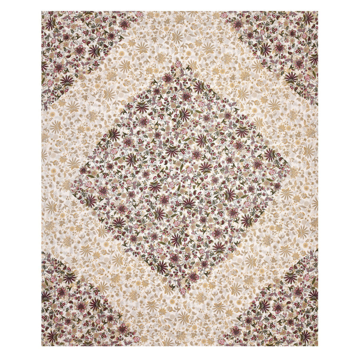 Full flat view of the maroon and beige 90x108 bedsheet with floral diamond centre and corners