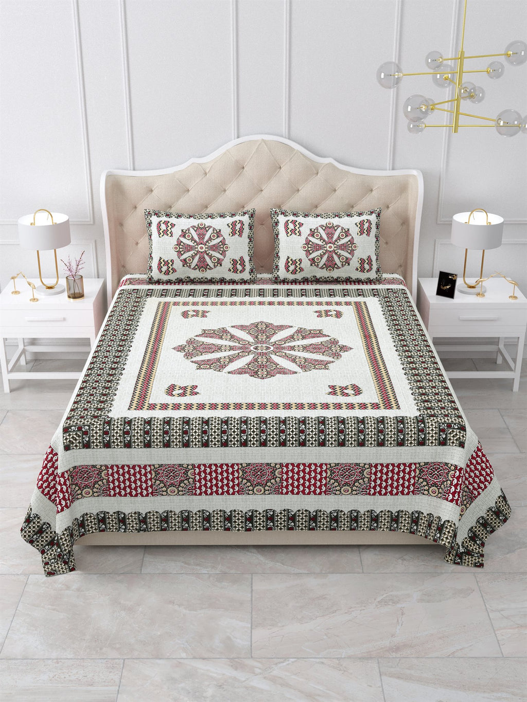 Front view of Castile India maroon and charcoal mandala medallion bedsheet 90x108 with 2 pillow covers