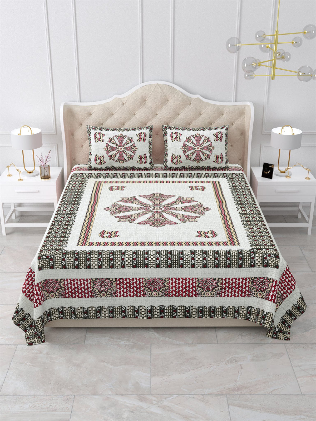 Front view of Castile India maroon and charcoal mandala medallion bedsheet 90x108 with 2 pillow covers