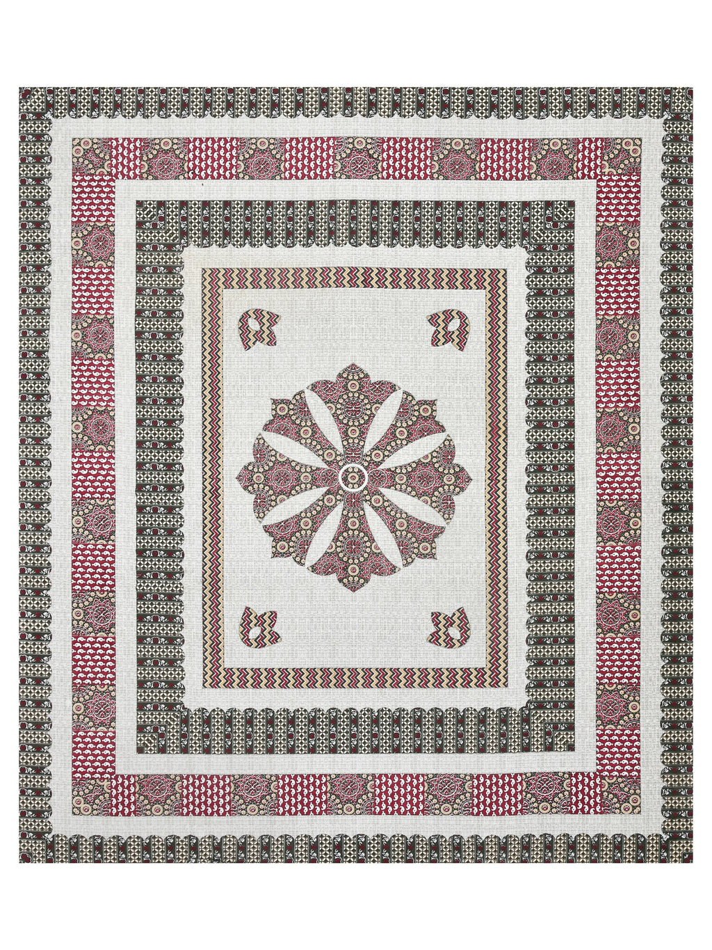 Full flat view of the off-white bedsheet with central maroon mandala medallion and layered borders
