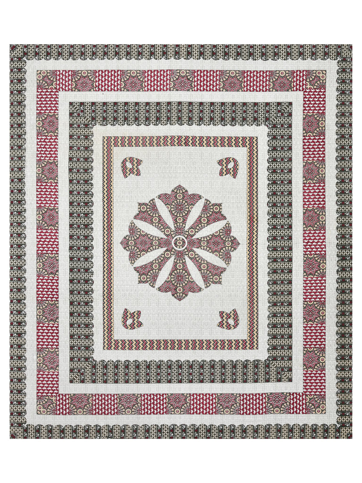 Full flat view of the off-white bedsheet with central maroon mandala medallion and layered borders
