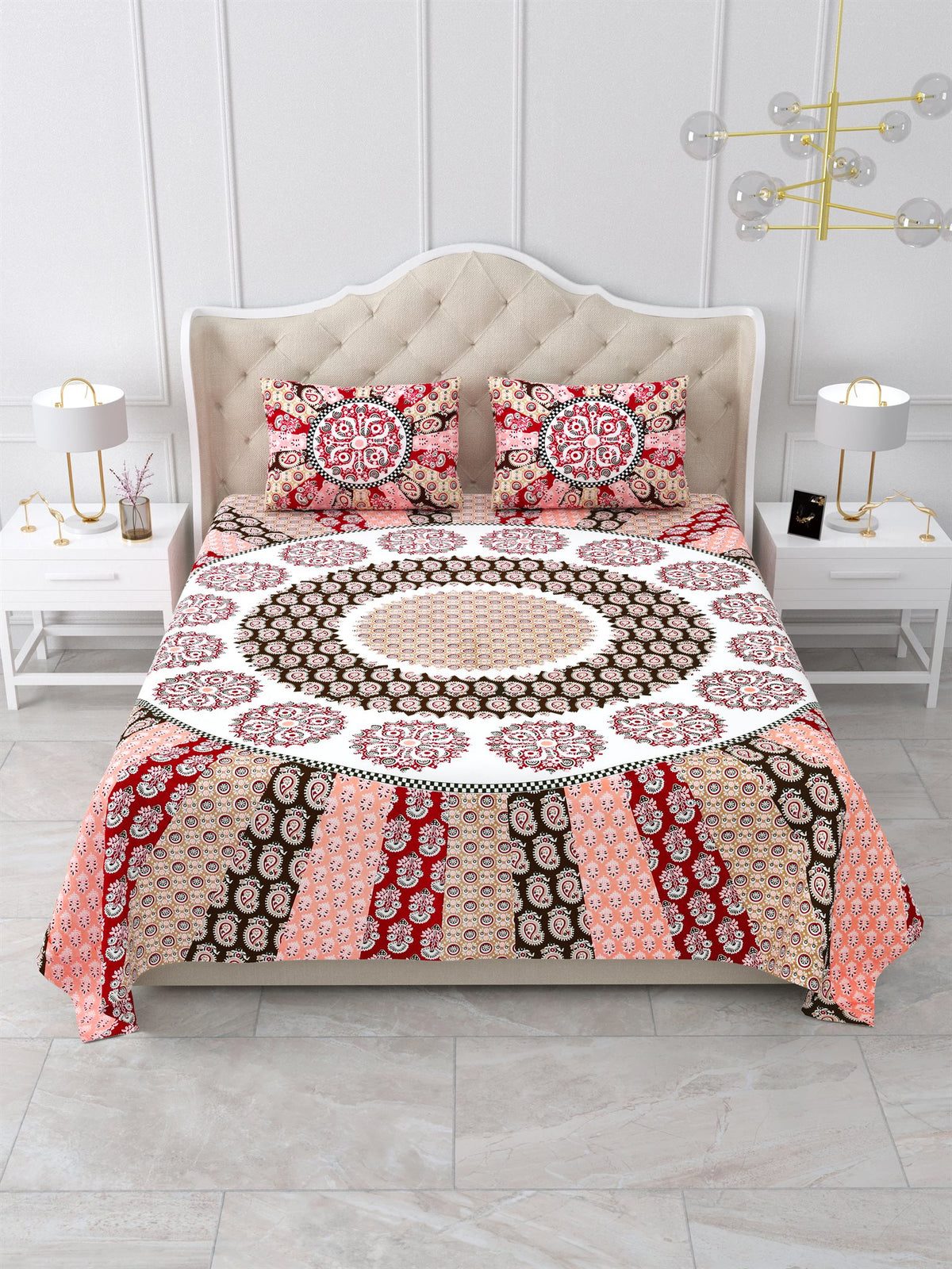 Front view of Castile India maroon and pink mandala sunburst king size bedsheet 100x108 with 2 pillow covers