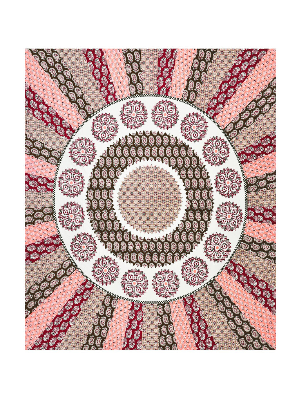 Full flat view of the maroon and pink mandala sunburst king size bedsheet