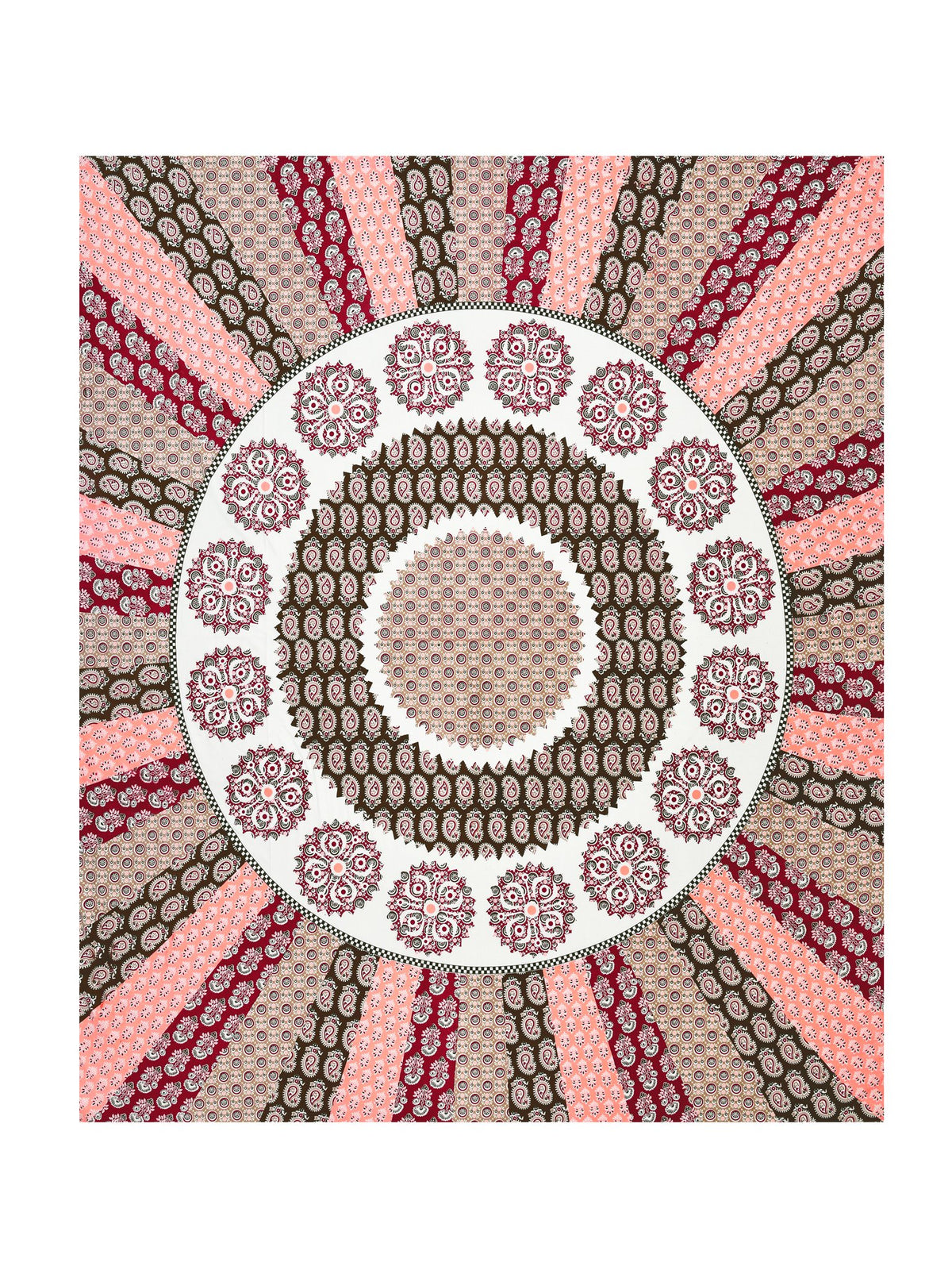 Full flat view of the maroon and pink mandala sunburst king size bedsheet