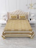 Front view of Castile India mustard yellow geometric buta bedsheet 90x108 on a bed with 2 pillow covers
