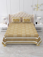 Front view of Castile India mustard yellow geometric buta bedsheet 90x108 on a bed with 2 pillow covers