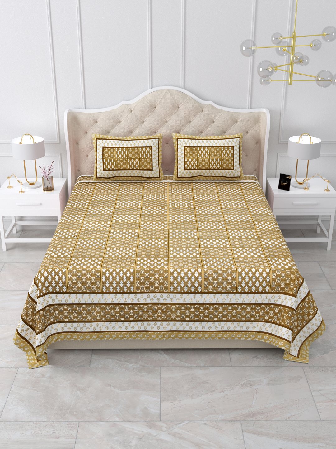 Front view of Castile India mustard yellow geometric buta bedsheet 90x108 on a bed with 2 pillow covers
