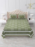 Front view of Castile India olive green geometric buta bedsheet 90x108 on a bed with 2 pillow covers