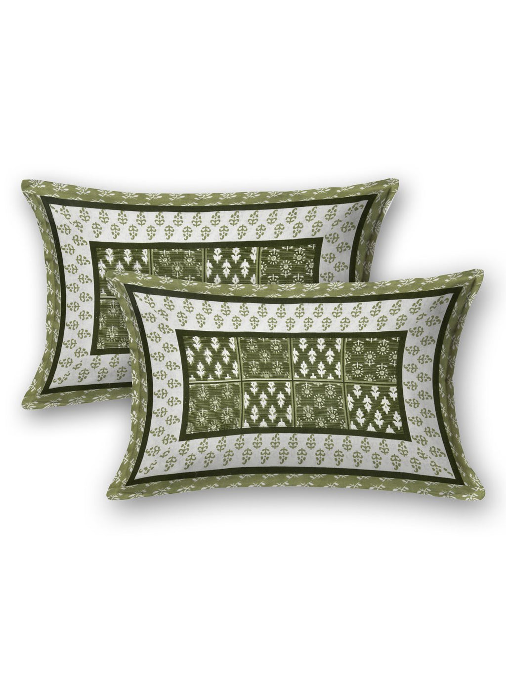 Two olive green pillow covers with a framed buta grid centre and white buta border, Har_93_067 Green