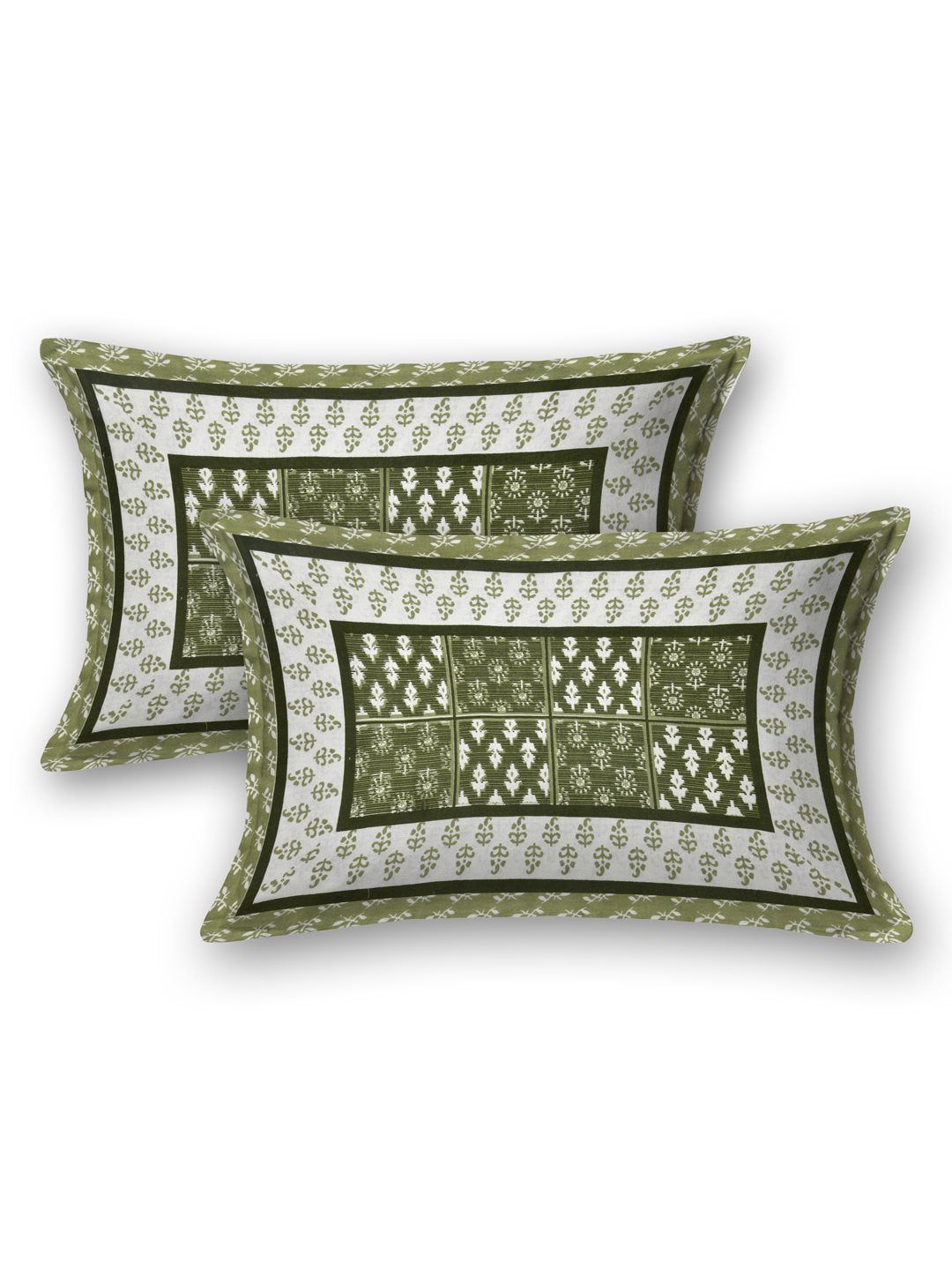 Two olive green pillow covers with a framed buta grid centre and white buta border, Har_93_067 Green
