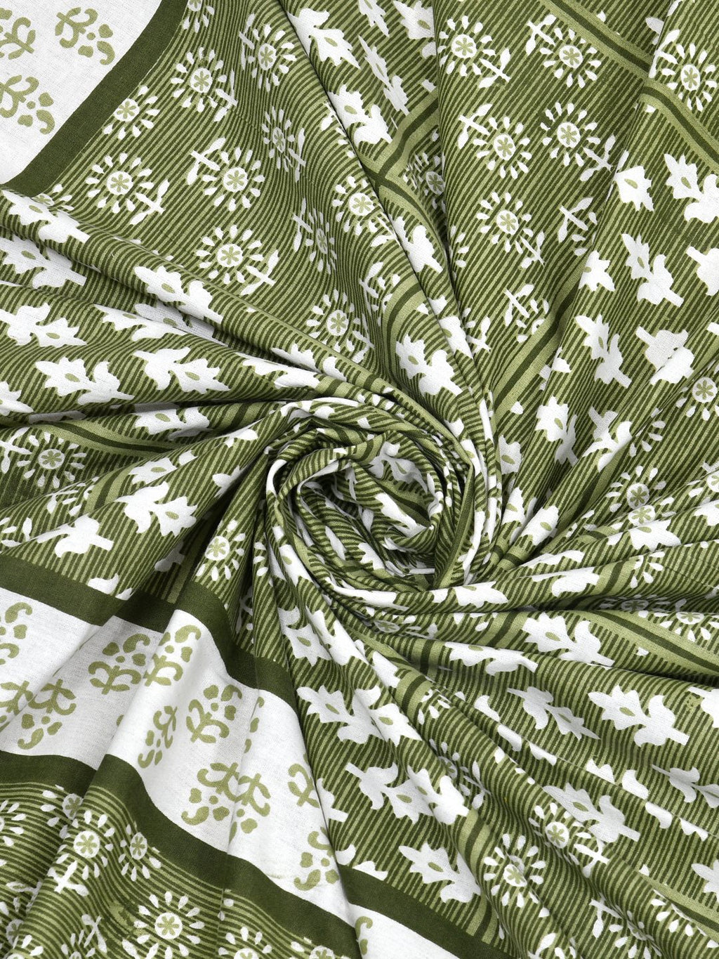 Swirled fabric close-up of white leaf and flower butas on an olive green striped background