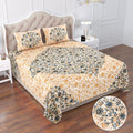 Castile India peach and blue diamond floral bedsheet 90x108 on a bed with 2 matching pillow covers and print close-up inset